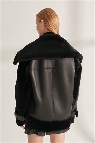 WOMEN'S SHEARLING JACKETISABELLA Women Black Oversize Shearling Leather Jacket