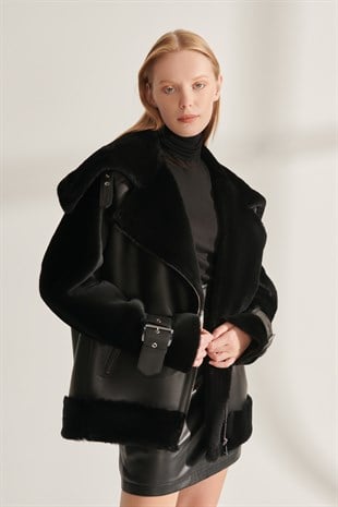 WOMEN'S SHEARLING JACKETISABELLA Women Black Oversize Shearling Leather Jacket